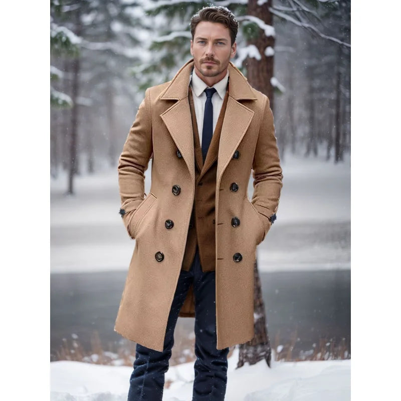 2024Autumn and Winter High Quality Thick Mid-Length Double Breasted Men's Wool Slim Fit Coat European Size