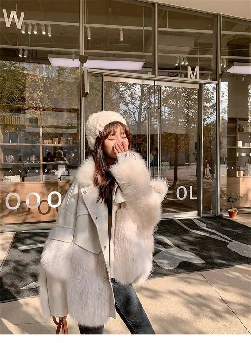 Retro Coffee Fur Coat  2024 Winter Loose Korean Version Fashionable Imitation for wome Fox Fur Thickened Haining High-end Coat