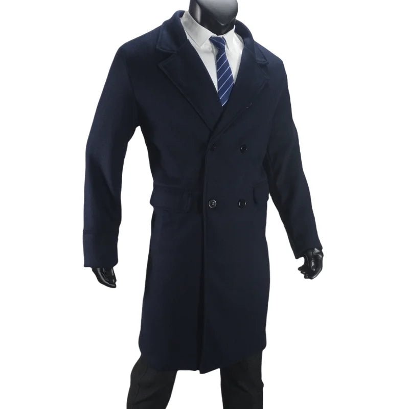 Men Long Double-breasted Coat with Lining Warm Type Wool Blend Lapel Casual Eu Size Customized overcoat