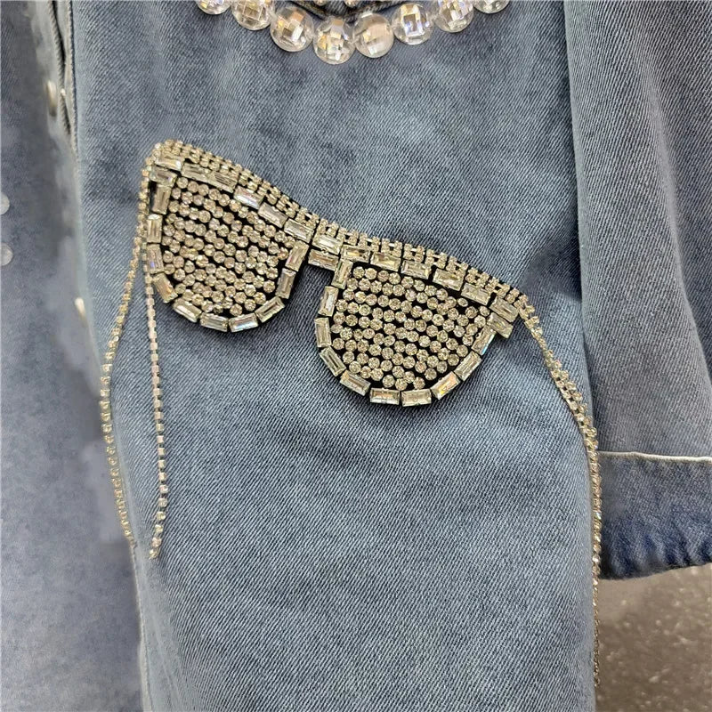 Luxury Women Diamonds Floral Beads Denim Shirts Glasses Fringed Rhinestones Rivets Jeans Bomber Jacket