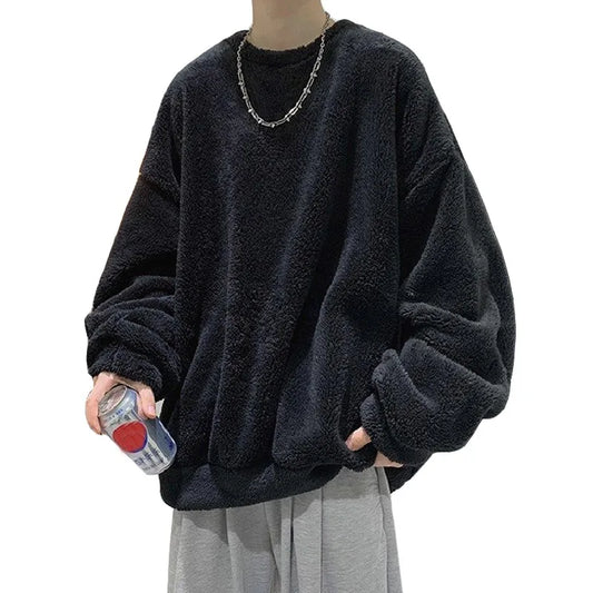 New Flannel Plush Youth Men Sweatshirt Autumn Winter Clothes v-shape Thicken Daily Warm Pullover jumper