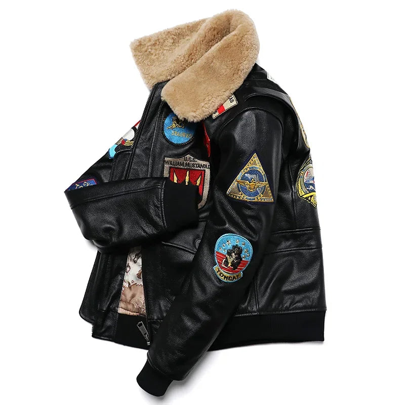 NoEnName_Null Men’s Military Style Cow Leather Jacket – Winter Outerwear with Zippers and Turn-Down Collar