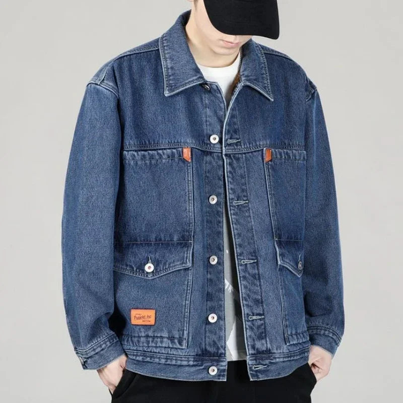 Shangkaka Men's Winter Denim Jacket – Japan Style with Patchwork Design and Detachable Lower Edge