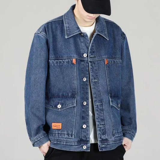 Shangkaka Men's Winter Denim Jacket – Japan Style with Patchwork Design and Detachable Lower Edge