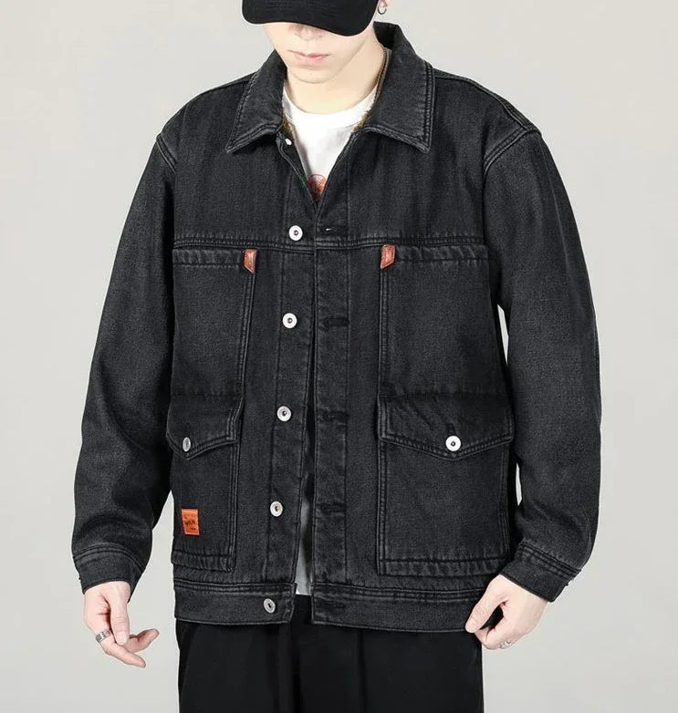 Shangkaka Men's Winter Denim Jacket – Japan Style with Patchwork Design and Detachable Lower Edge