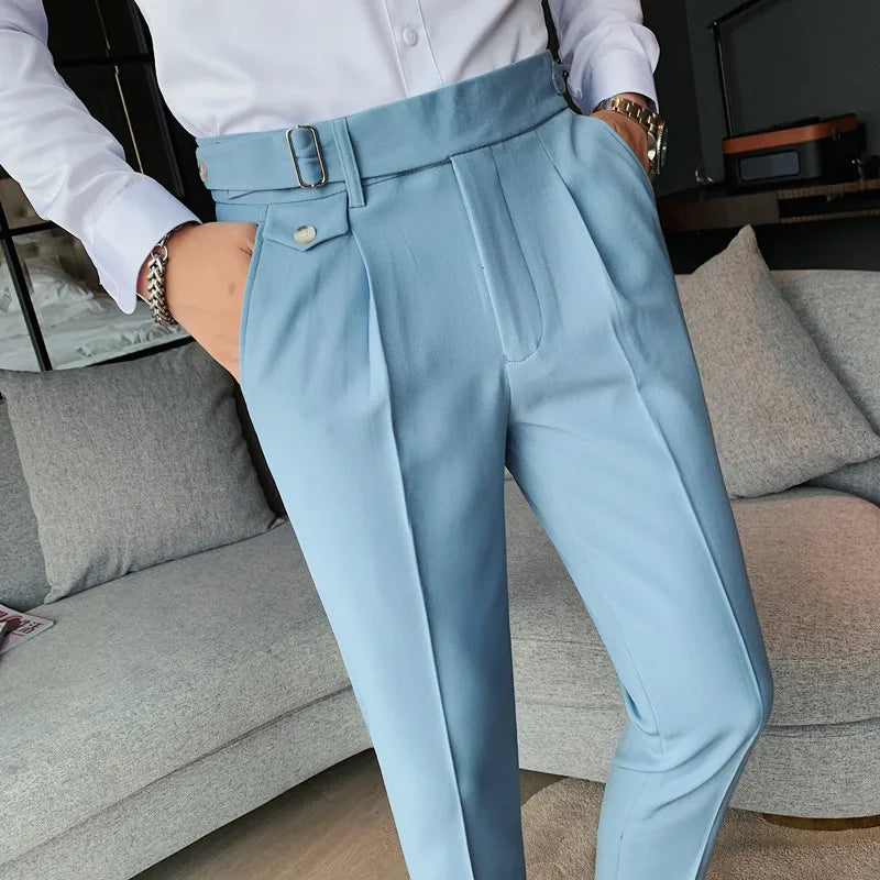 British Style New Solid High Waist Pant Men Business Formal Wear Trousers 2024 High Quality Slim Casual Office Suit