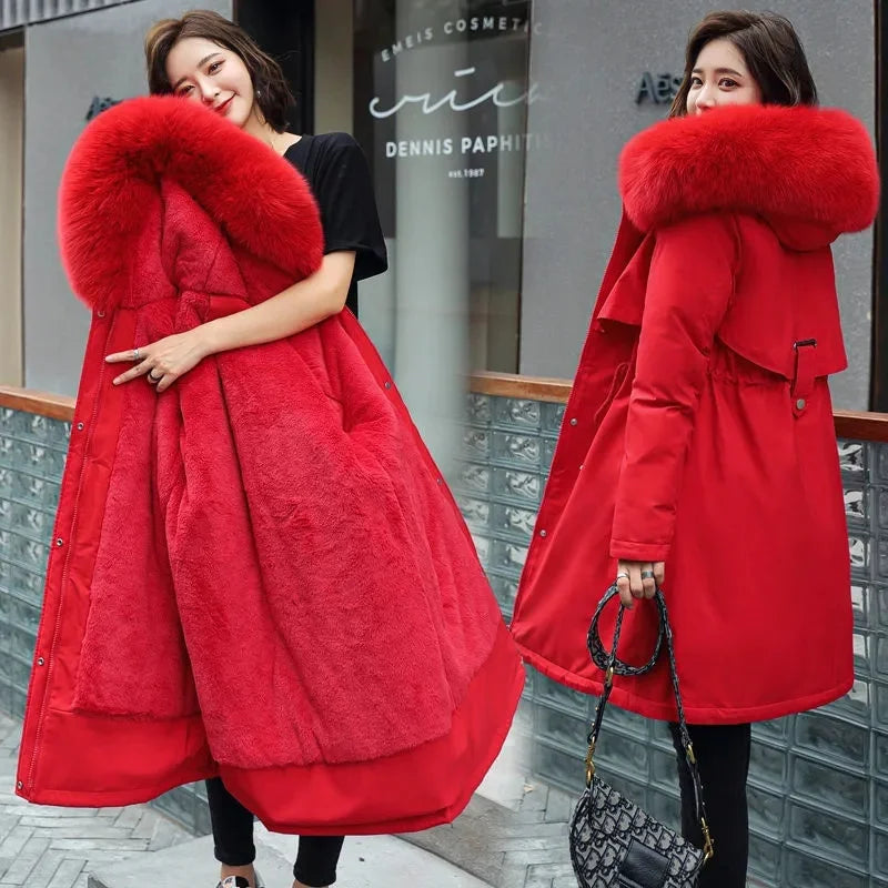 Winter Jacket 2023 New Women's Clothes Long Coat Wool Liner Hooded Jacket Fur Collar Thick Warm Snow Wear