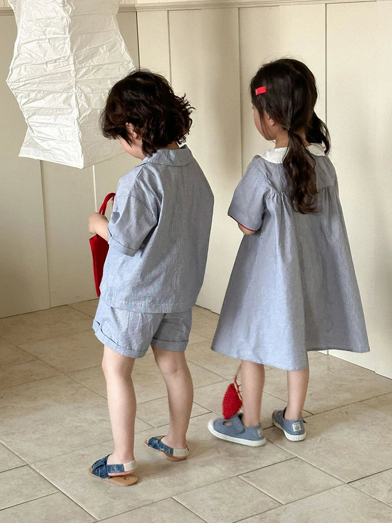 MILANCEL Unisex Summer Cotton Clothing Set for Kids (Ages 4–6) – Striped Short Sleeve Shirt and Shorts