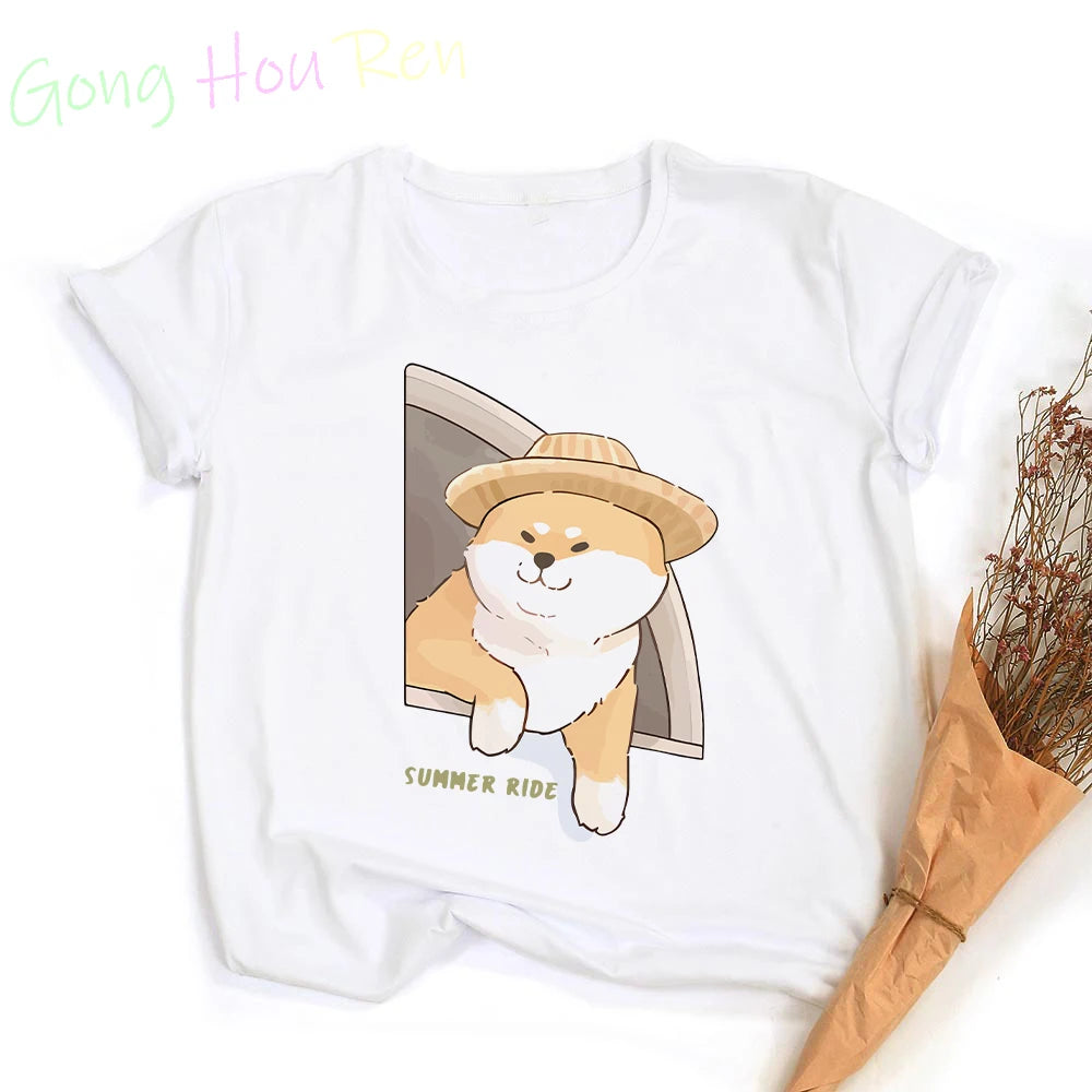 Gong Hou Ren Women’s Corgi Cartoon Graphic T-Shirt – Summer 2024 Collection
