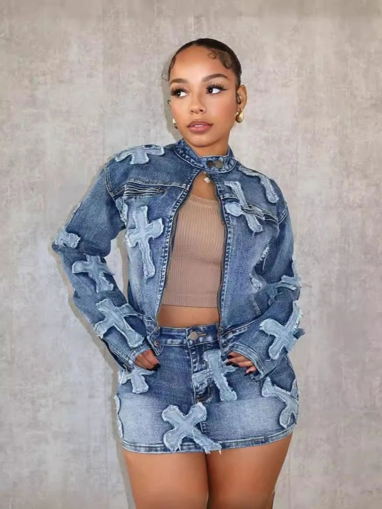 Luxury Brand Design 2024 Autumn Winter New In Denim jeans Jacket Tops And Mini Short Skirt Set For Women