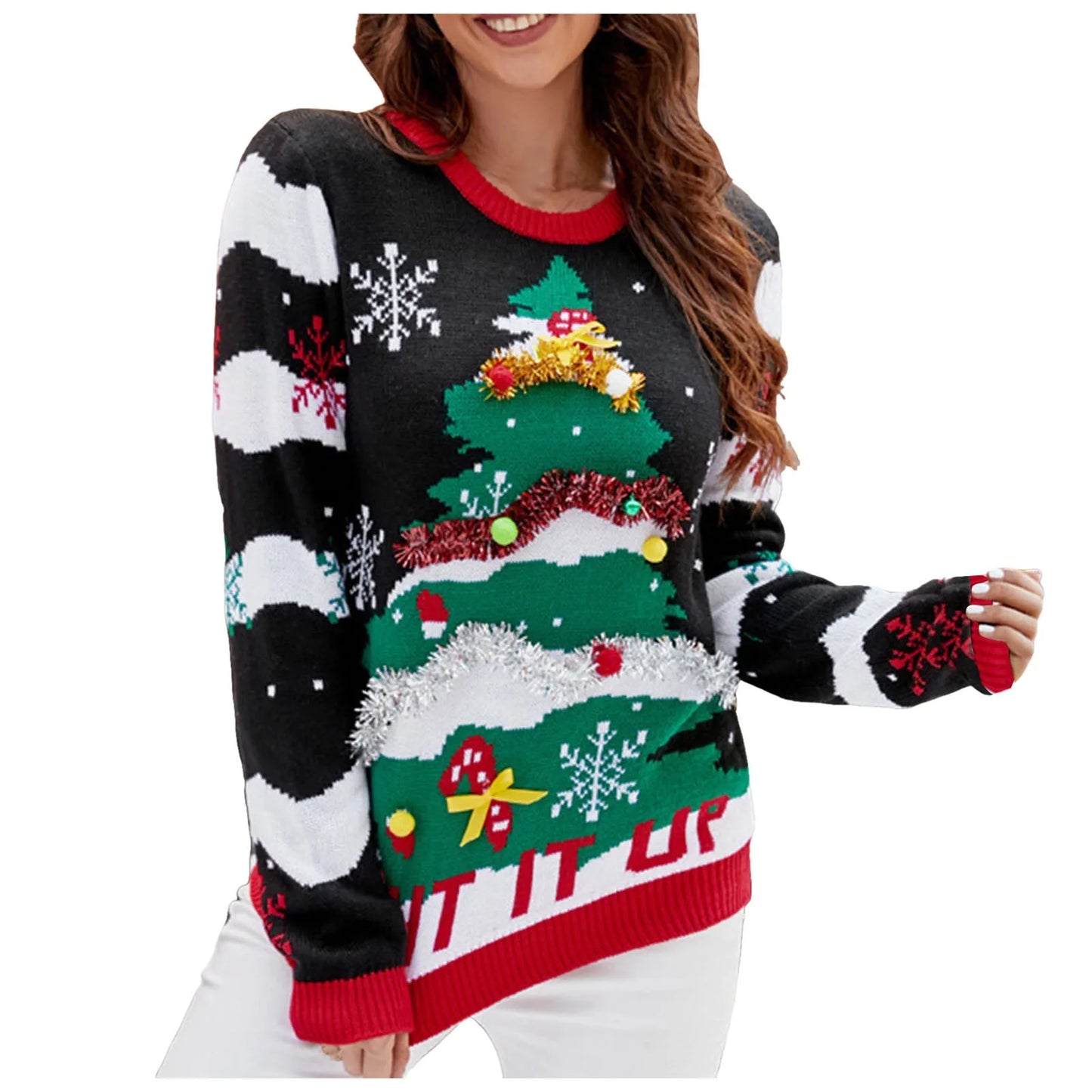 Women's Autumn and Winter New Christmas Casual Round Neck Embroidered Jumper.