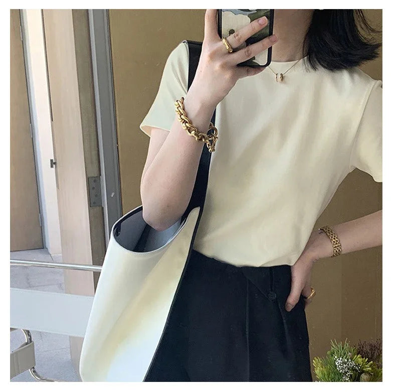 Summer T Shirts For Women cream Casual Korean Streetwear Basic Solid Young Cool free-sized Tops 2025