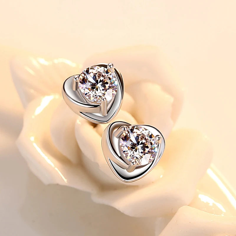NoEnName_Null 925 Sterling Silver Heart-Shaped Crystal Stud Earrings for Women – Trendy Anniversary Gift