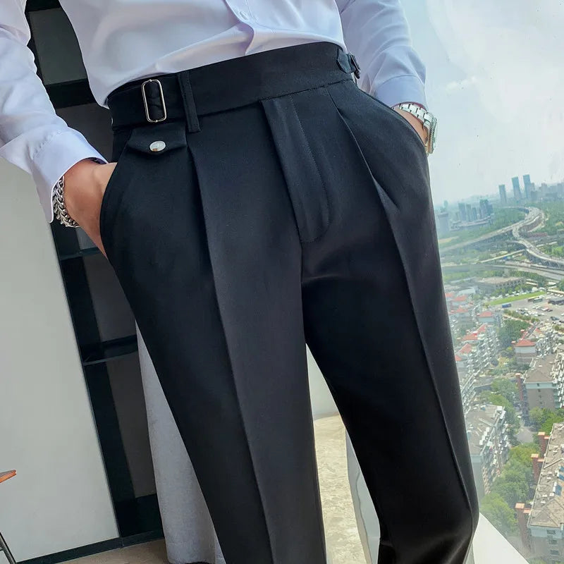 British Style New Solid High Waist Pant Men Business Formal Wear Trousers 2024 High Quality Slim Casual Office Suit