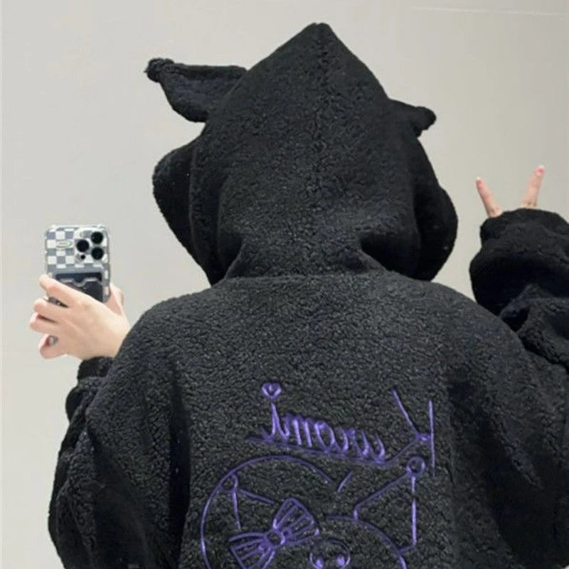 Sanrio Kuromi Hoodies Cartoon Black Embroidery Thin Coat Women Tops Autumn Looses Clothes