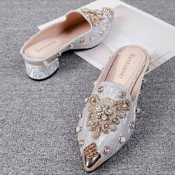 Mules Shoes Women Sandals Ladies Elegant Rhinestone Designer Mirror Luxury Party Slipper Summer New 2024 Slippers Fashion Roman