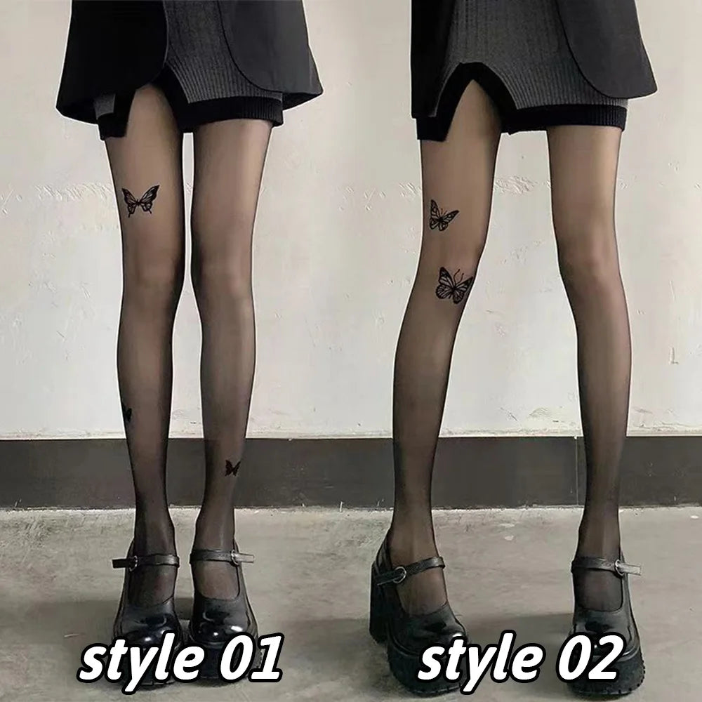 Sexy Women Black Tights Vintage Y2K Butterfly Print Transparent Silk  Summer Thight High Stockings