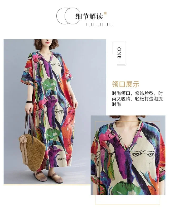 Boho Floral Cotton-Linen Summer Dress for Women – Ankle-Length, Loose Fit, O-Neck