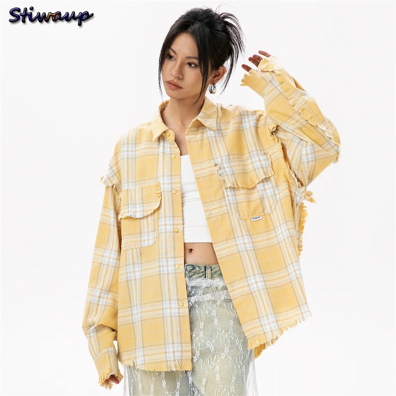 STIWAUP Women's Plaid Long Sleeve Blouse – Casual Turn-down Collar Top for Spring & Autumn