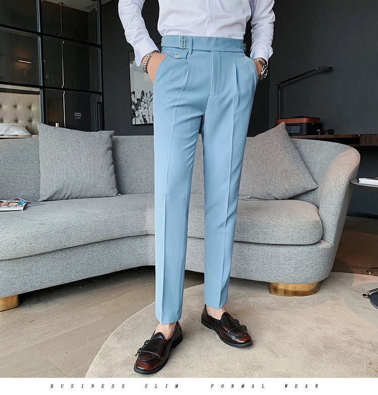 British Style New Solid High Waist Pant Men Business Formal Wear Trousers 2024 High Quality Slim Casual Office Suit