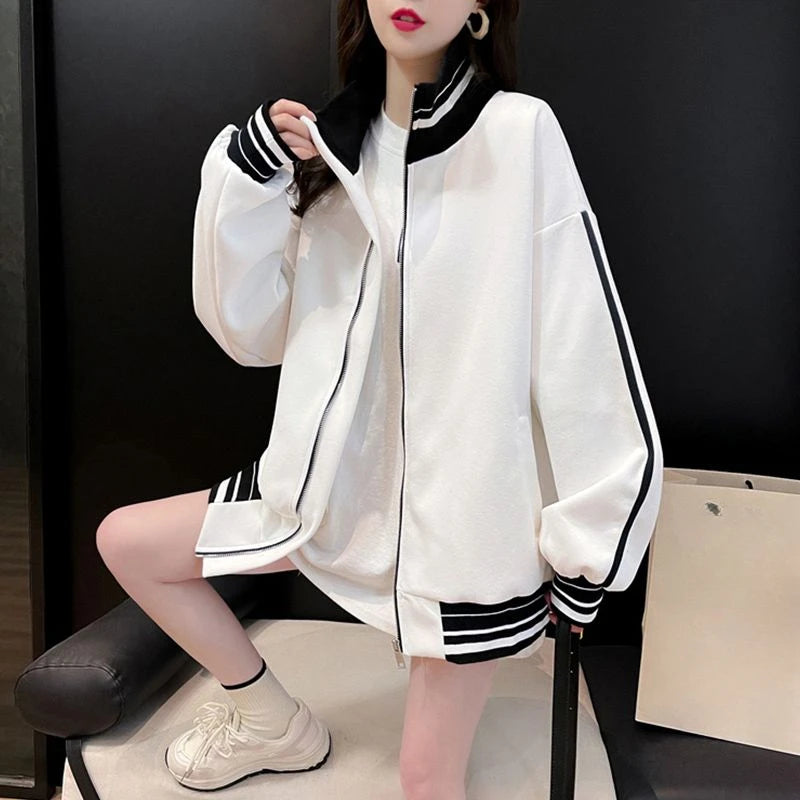 Black Sweatshirts for Women Full Zip Up Tops with Striped Y2k Hoodie Long Sleeve Style Matching