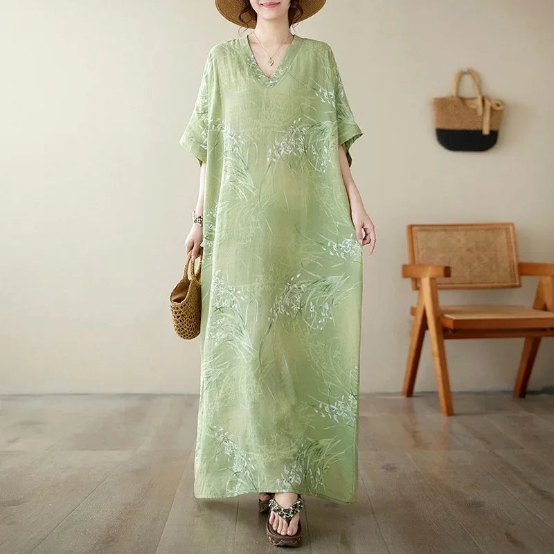 Boho Floral Cotton-Linen Summer Dress for Women – Ankle-Length, Loose Fit, O-Neck
