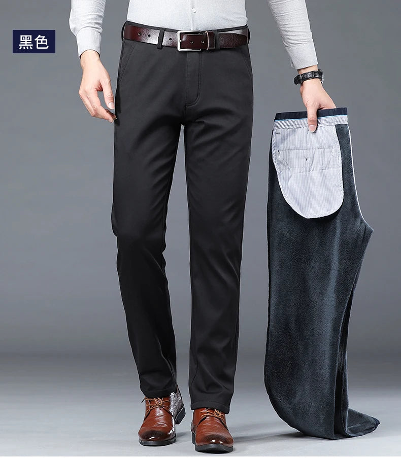 HIQOR Winter Fleece Men's Casual Pants Stretch Solid Business Straight Trousers ideally for Office .