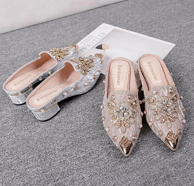 Mules Shoes Women Sandals Ladies Elegant Rhinestone Designer Mirror Luxury Party Slipper Summer New 2024 Slippers Fashion Roman