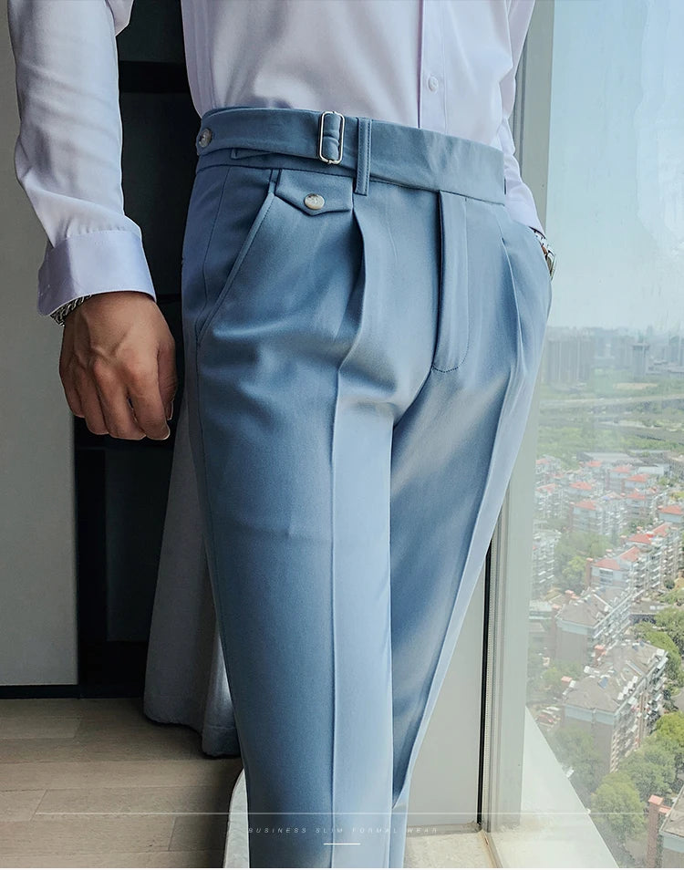 British Style New Solid High Waist Pant Men Business Formal Wear Trousers 2024 High Quality Slim Casual Office Suit