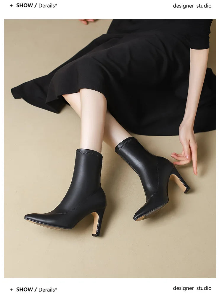 Autumn Winter Women Ankle Boots 6CM 8CM Toe Sock Boots Elegant Lady Black Thick Heels Female Short Booties