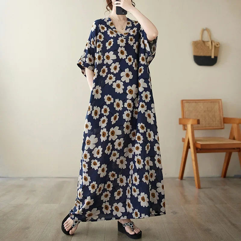 Boho Floral Cotton-Linen Summer Dress for Women – Ankle-Length, Loose Fit, O-Neck
