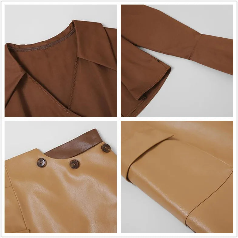 Autumn Elegant Women's Clothes 2023 New Temperament Brown Blouse Shirt Irregular PU Leather Long Skirt Two Piece Sets