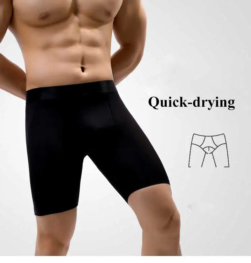 Ice Silk Lengthen Men Boxers Mid Waist Solid Underwear.