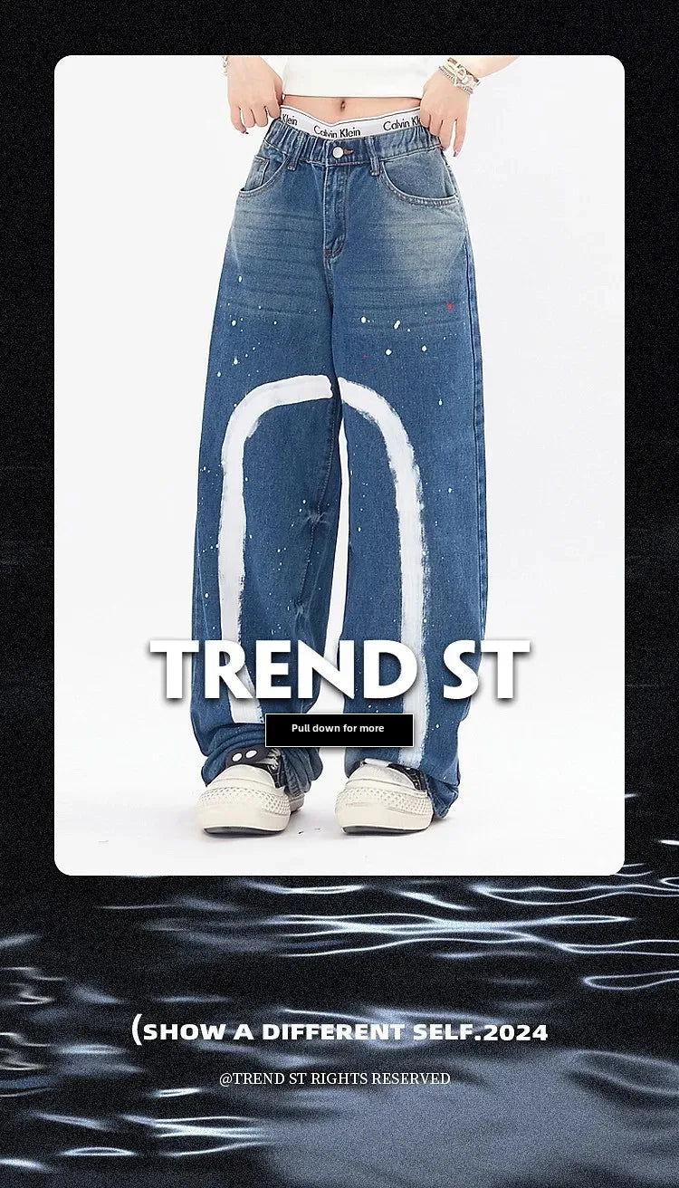 American Vintage Street Style Denim Trousers For Men Trendy Loose Fit Splatter Design Sensibility Casual Straight-leg Pants