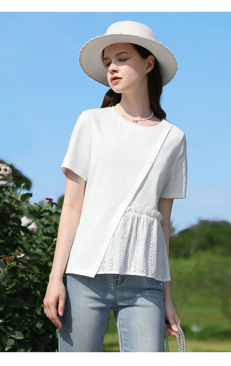 Summer New T-shirts For Women 2024 Spliced Hollow Out Pleated Short-sleeve Casual Fashion Female Blouse 2242015652