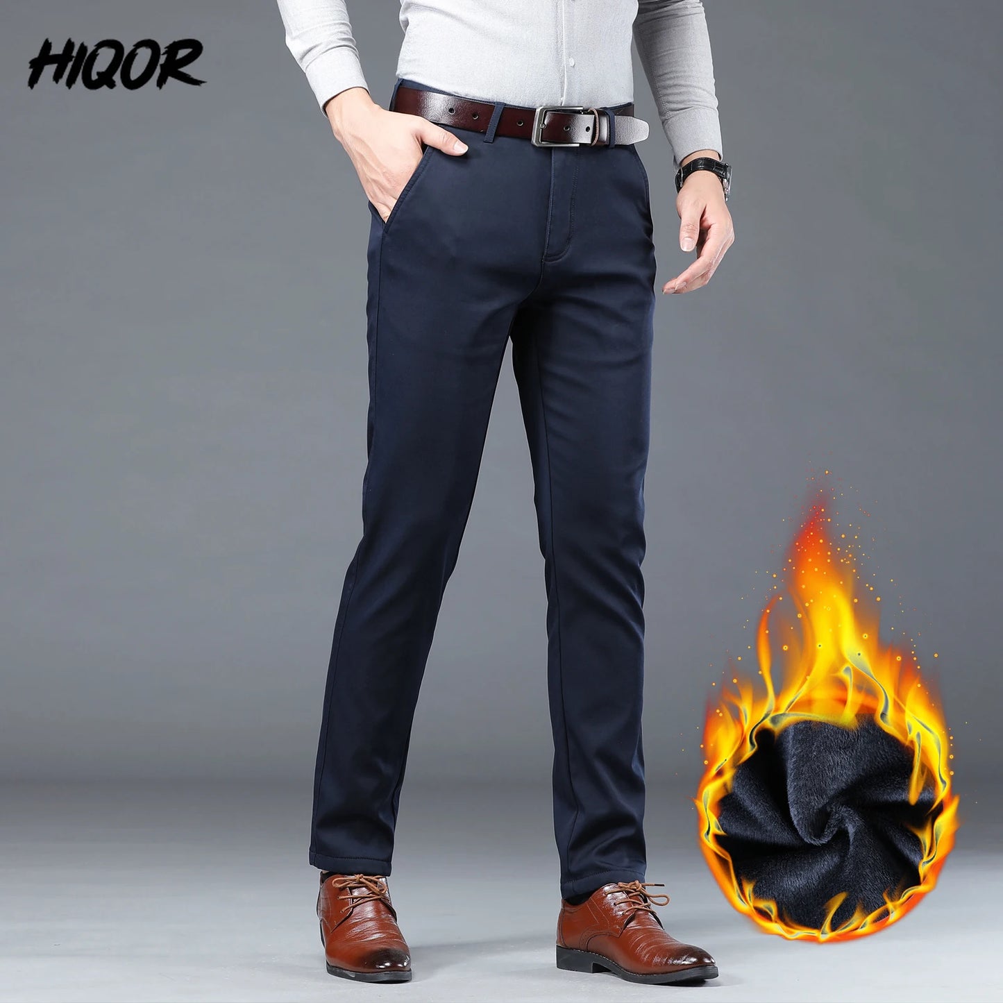 HIQOR Winter Fleece Men's Casual Pants Stretch Solid Business Straight Trousers ideally for Office .