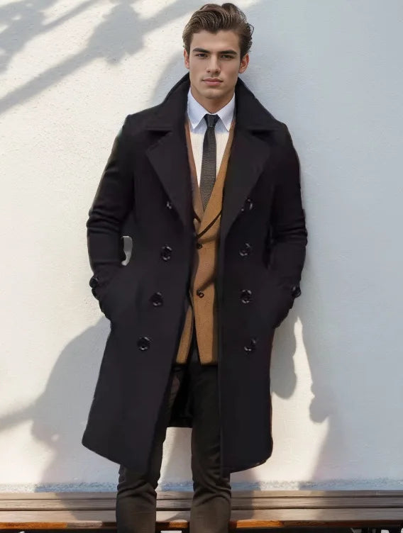 2024Autumn and Winter High Quality Thick Mid-Length Double Breasted Men's Wool Slim Fit Coat European Size