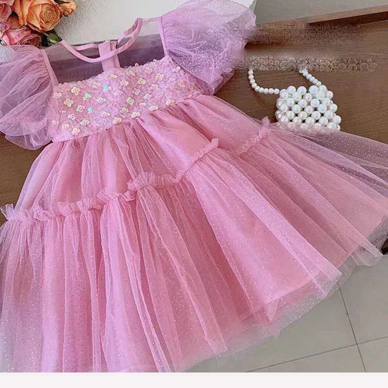 Cute A-Line Sequined Summer Dress for Girls – Solid Color | Ages 4–6Y