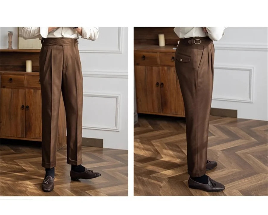 Men Solid Color Suit Trousers Spring Trendy Belt High Waist Pants Male Business Office Fashion Pleated Straight Pants Streetwear