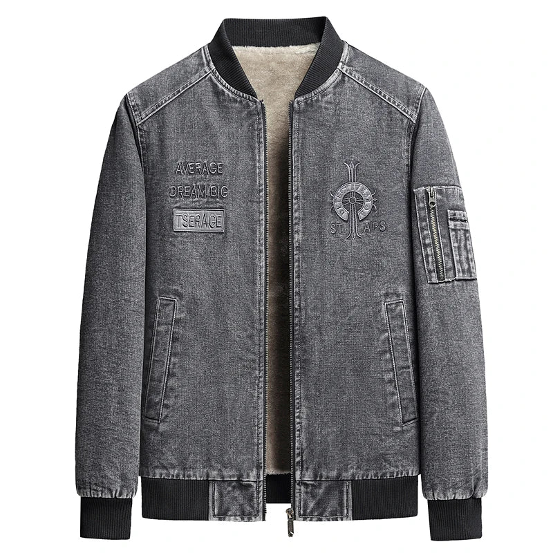 Retro Men's Cargo Denim Jacket Autumn Winter Plus Velvet Warm Fashion Casual Male Coat