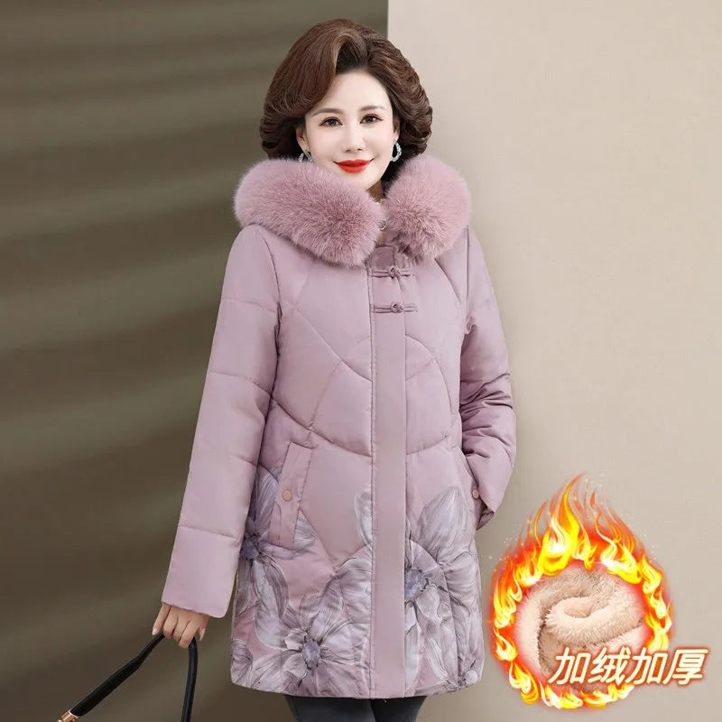 Women Winter Jacket Long Warm Thicken Cotton Padded Jacket Hooded  Middle Aged Women's Clothes