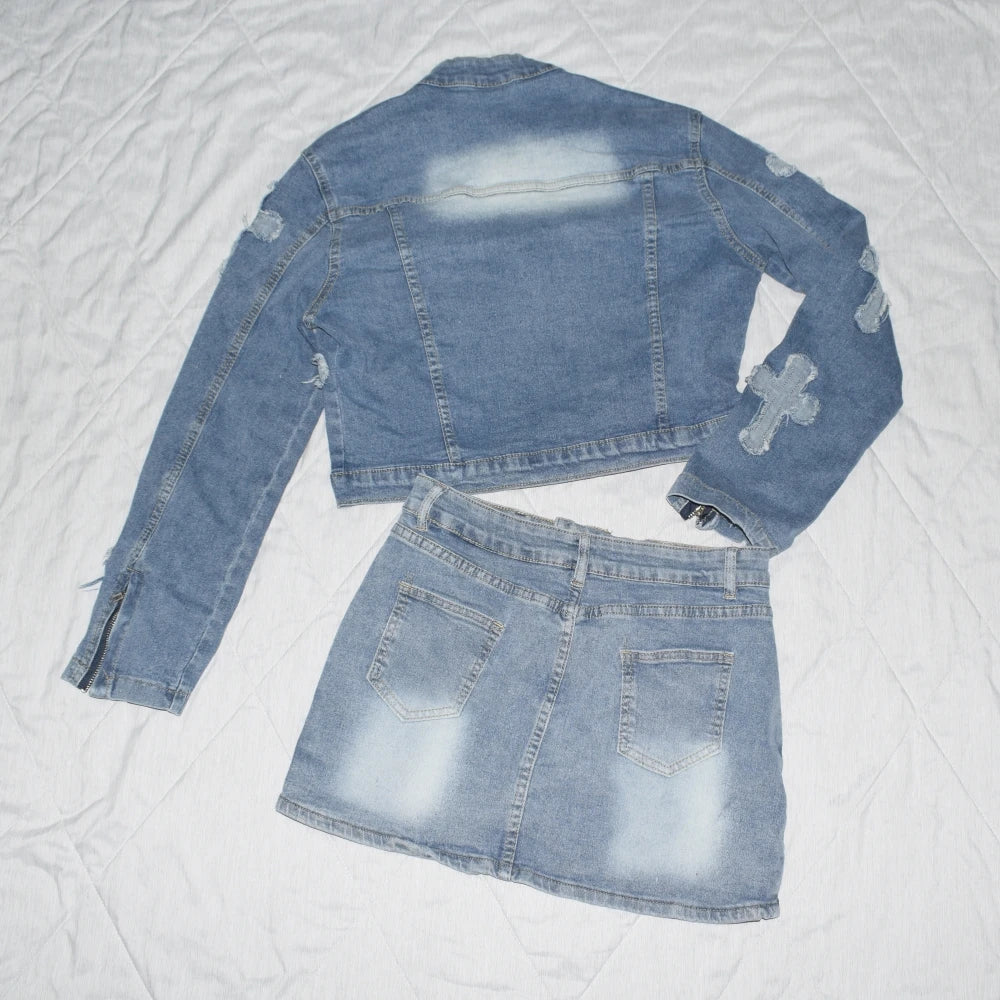 Luxury Brand Design 2024 Autumn Winter New In Denim jeans Jacket Tops And Mini Short Skirt Set For Women