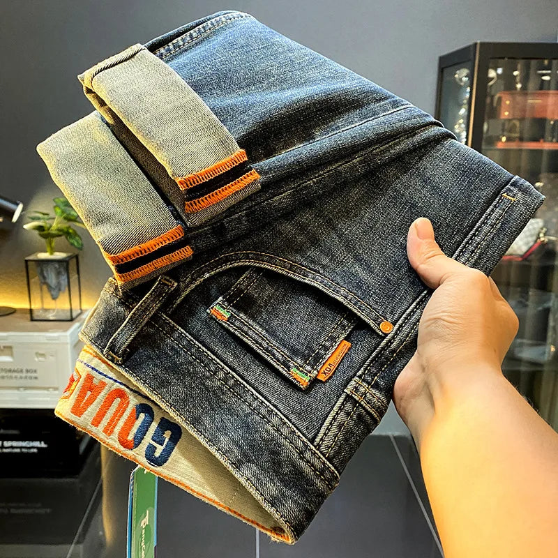 High end luxury casual jeans for men autumn winter fashion straight tube slim fit light business casual denim long pants