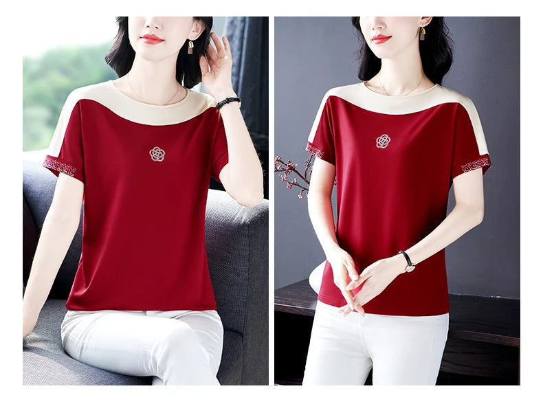 Moeroshe Women's Casual Patchwork O-Neck Tee - Cotton, Classic Style, Summer 2024 Release