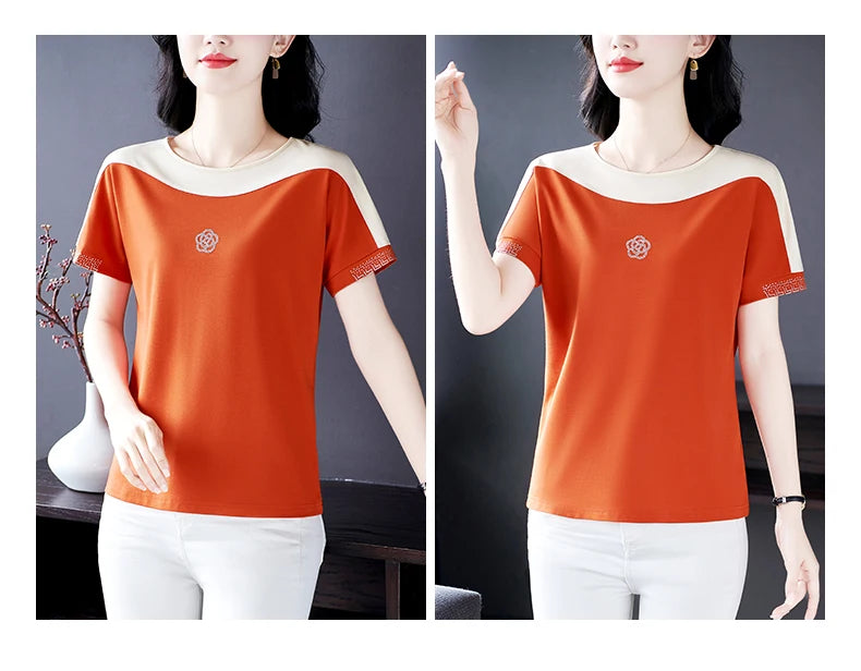 Moeroshe Women's Casual Patchwork O-Neck Tee - Cotton, Classic Style, Summer 2024 Release