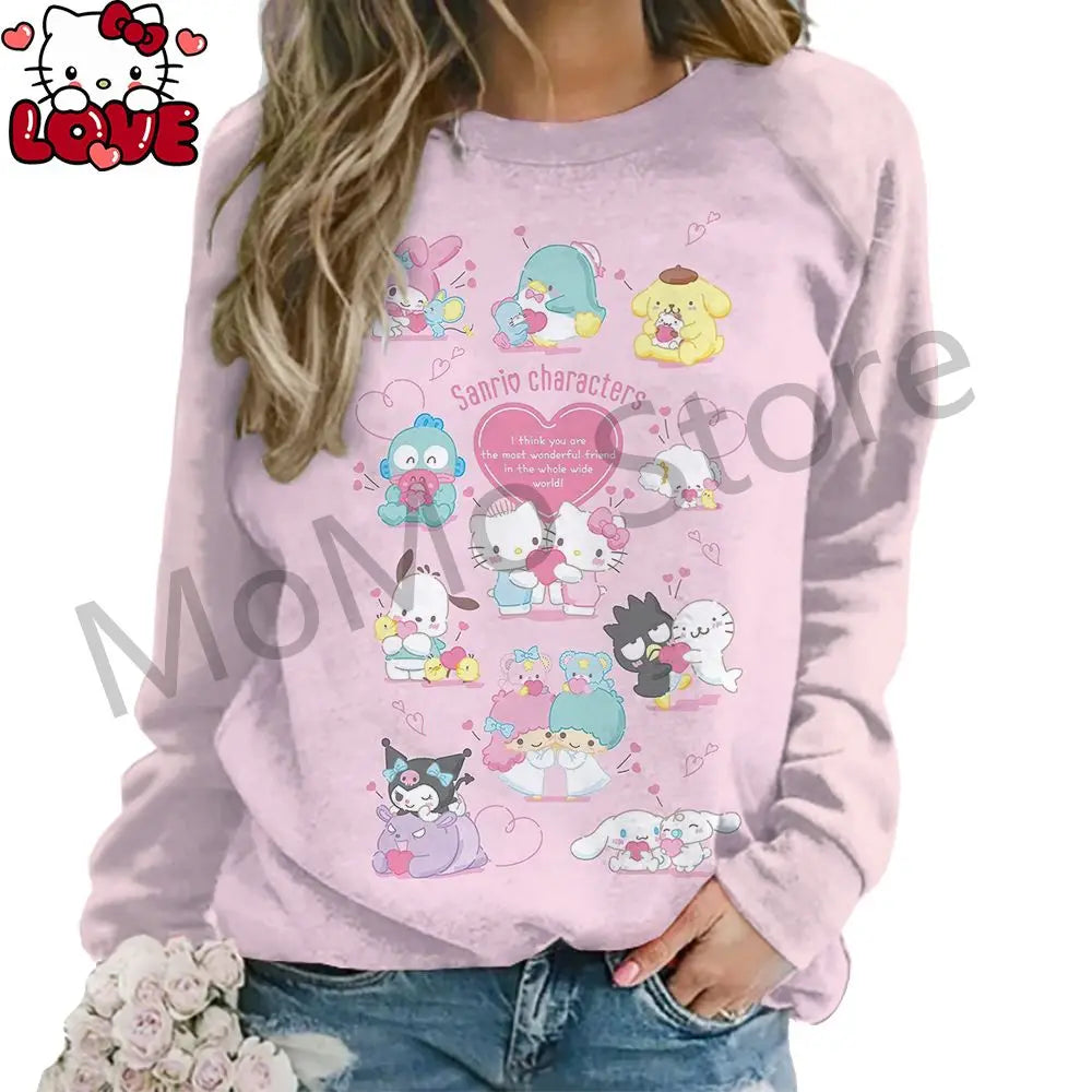 Women's Long Sleeve Hello Kitty O Neck Lovely Pullovers Y2k Streetwear shirt S-3XL New High Quality Kawaii Clothes