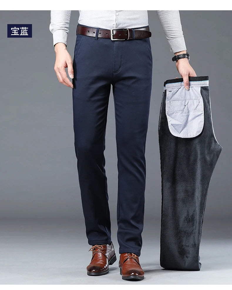 HIQOR Winter Fleece Men's Casual Pants Stretch Solid Business Straight Trousers ideally for Office .