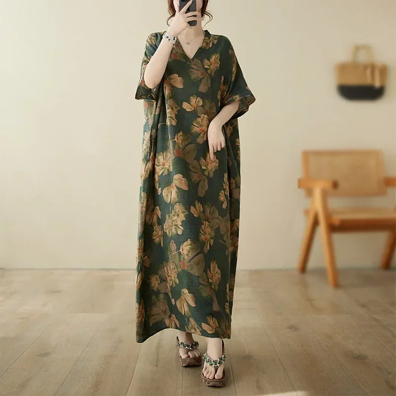Boho Floral Cotton-Linen Summer Dress for Women – Ankle-Length, Loose Fit, O-Neck