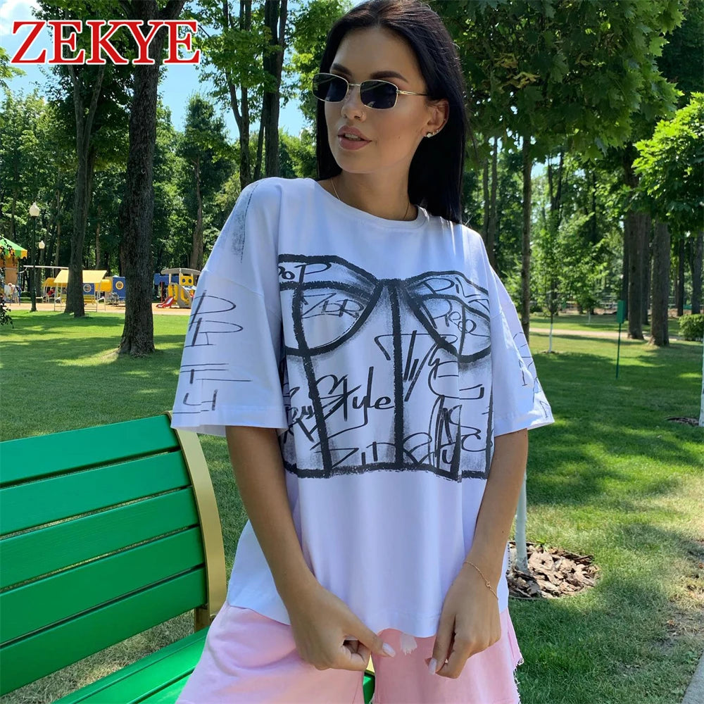 Zekye Printed Streetwear Vintage Tshirts Top Harajuku O Neck Chic Summer Basic Loose T-shirt