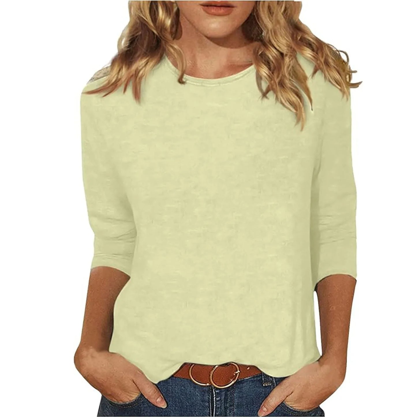 Women's Summer T-Shirts 2024 Fashion Casual Everyday Versatile O-Neck 3/4 Length Sleeve Tops Solid Color T-Shirt Tops Plus Size